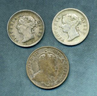 1899,  1901 Straits Settlements 5 Cents And 1910 Ten Cents.
