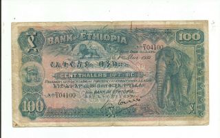 Ethiopia.  100 Thalers From 1932.  Scarce Fine Large Note.  With Elephant.