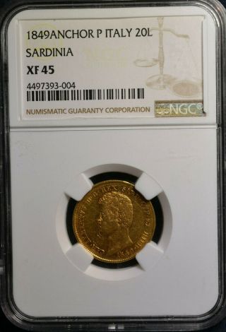 1849 Italy Sardinia Anchor P 20 Lire Gold Coin Ngc Xf45