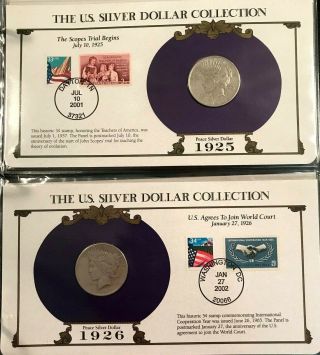 Good Quality Complete 35 Morgan,  Peace Silver Dollar/Stamp Set US Postal Society 10