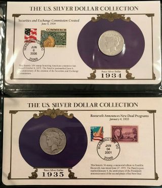 Good Quality Complete 35 Morgan,  Peace Silver Dollar/Stamp Set US Postal Society 12