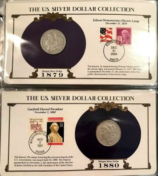 Good Quality Complete 35 Morgan,  Peace Silver Dollar/Stamp Set US Postal Society 3