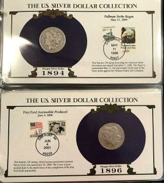 Good Quality Complete 35 Morgan,  Peace Silver Dollar/Stamp Set US Postal Society 5