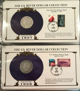 Good Quality Complete 35 Morgan,  Peace Silver Dollar/Stamp Set US Postal Society 7