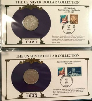 Good Quality Complete 35 Morgan,  Peace Silver Dollar/Stamp Set US Postal Society 8