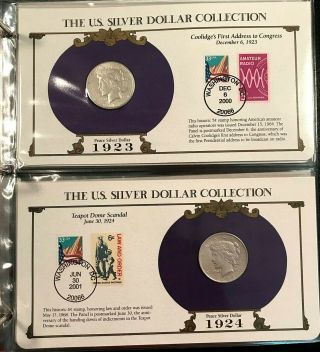 Good Quality Complete 35 Morgan,  Peace Silver Dollar/Stamp Set US Postal Society 9