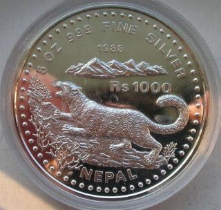 Nepal 1988 Snow Leopard 1000 Rupees 5oz Silver Coin,  Proof