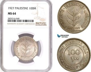 Ae143,  Palestine,  100 Mils 1927,  London,  Silver,  Ngc Ms64