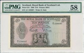 Royal Bank Of Scotland Ltd.  Scotland 10 Pounds 1969 Prefix A/1 Pmg 58