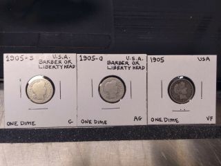 1905 P,  O,  S,  Barber Dime Silver Coin 3 X Coin (s)