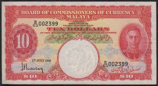 2: 1941 Straits Settlements Malaya Singapore Kgvi $10.  00,  B/53 - 002399 Xf,