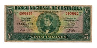 Costa Rica: 5 Colones 1942 Bncr,  P - 204,  Date: 1942 Banco Nacional Series F Juan