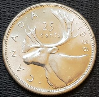 1958 Canada Silver 25 Cent Quarter Coin Brilliant Unc Ms - 65/66 Flawless