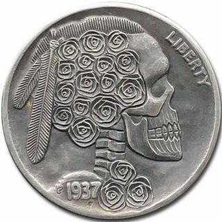 Hobo Nickel Coin 1937 Buffalo Skull Roses Hand Engraved By Gediminas Palsis