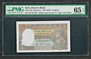 British India,  1938,  5 Rupees,  Pmg Gem Unc 65 Epq Jb Taylor Sign Note Pick 18a
