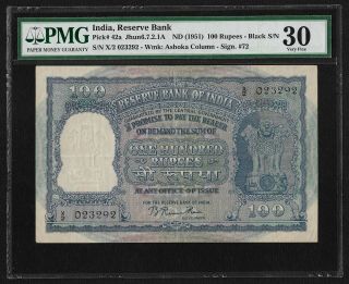 India Republic 1951,  100 Rupees,  Delhi,  Pmg Vf 30,  B Rama Rau,  Elephants,  P 42a