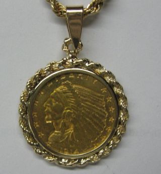 1914 Gold Indian Head 2 1/2 Dollar $2.  5 Quarter Eagle Coin Rope Bezel Pendant