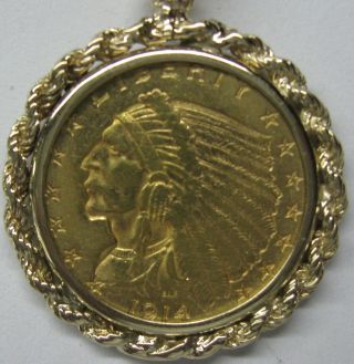 1914 Gold Indian Head 2 1/2 Dollar $2.  5 Quarter Eagle Coin Rope Bezel Pendant 2