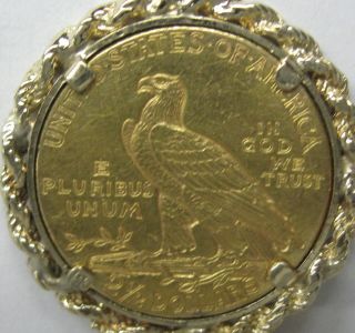 1914 Gold Indian Head 2 1/2 Dollar $2.  5 Quarter Eagle Coin Rope Bezel Pendant 5