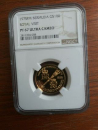 1975 Fm Bermuda Gold $100 Dollars Ngc 67 Ultra Cameo Royal Visit.  2034 Oz Gold