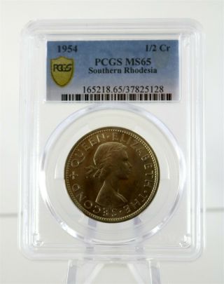 1954 Southern Rhodesia 1/2 Crown Pcgs Ms65 " Population One,  Finest Known "