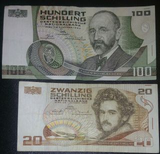 Austria Banknote S100 Schillings 1984 P - 150; S20 Schillings 1986 Vf P - 148