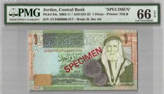 550 - 0239 Jordan | Specimen 017,  1 Dinar,  2002 - 11,  Pick 34s,  Pmg 66 Gem Unc