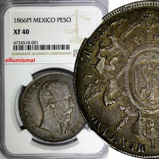 Mexico Maximilian Silver 1866 Pi Peso Ngc Xf40 San Luis Potosi Scarce Km 388.  2
