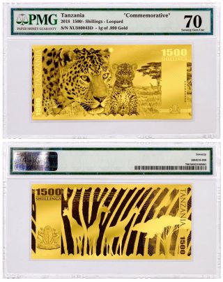 2018 Tanzania Big 5 - Leopard Foil Note Gold Sh1,  500 Coin Pmg Gem Unc 70 Sku51825
