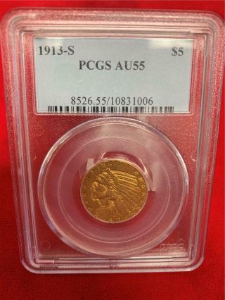 U.  S.  1913 - S $5 Indian Head Gold Pcgs Au - 55