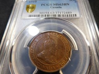 Q40 Canada 1910 Large Cent Pcgs Ms - 63 Brown