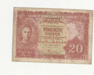 20 Cents Fine Banknote From British Malaya 1941 Pick - 9