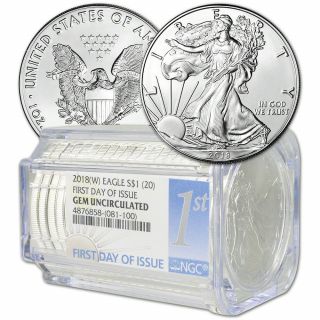 Roll Of 20 - 2018 - (w) American Silver Eagle Ngc Gem Uncirculated First Day Issue