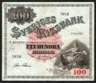 1958 Sweden 100 Kronor Note.