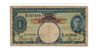 Bank Of Malaya,  1 Dollar 1941,  Vg