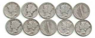 10 Different Silver Mercury Dimes W 2 Fr Each Decade - - Starts Below Melt Value
