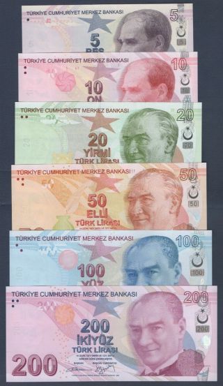 Turkey Current Full Set 200/100/50/20/10/5 Lira Unc Gem Usa Seller