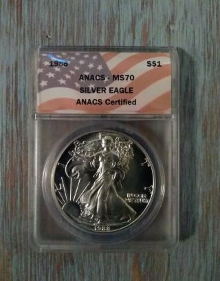 1988 $1 American Silver Eagle Anacs Ms70 Flag Label