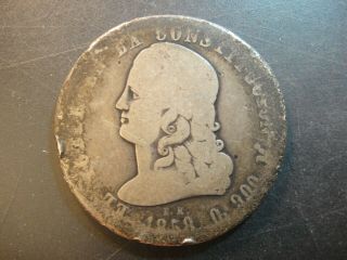 1858 Ecuador Liberty Head Silver 5 Francos.  Km 39.  Good.  Scarce