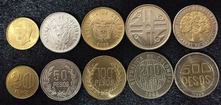 Colombia Set 5 Coins 20 50 100 200 500 Pesos 2004 - 2008 Unc