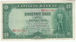 Latvia Banknote Paper Money 25 Latu With Warrior 1938 Cat 21 Fine