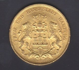 1899 German - Hamburg 20 Mark Gold Coin,  Design,  Strong Strike
