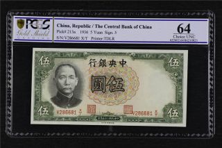 1936 China Central Bank Of China 5 Yuan Pick 213a Pcgs 64 Choice Unc