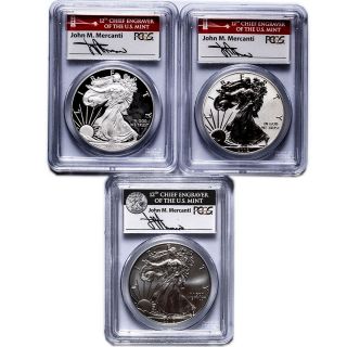 2012 Silver American Eagle Pcgs Ms70/pr70 3 - Coin Set Mercanti