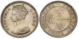 Hong Kong.  Victoria.  1890 - H Ar 10 Cents.  Ngc Ms63,  Km 6.  3.