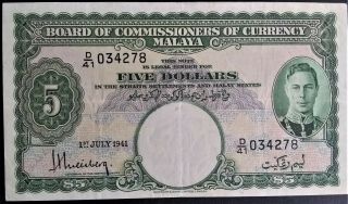 Malaya $5 Dollars Crisp Gvf King George Kgvi Ww2 1941 P 12 Wwii