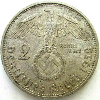 Germany Coins,  2 Reichsmark 1938,  Hindenburg,  Third Reich,  Silver 0.  625