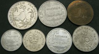 French Polynesia 1,  2,  5,  10,  20,  50,  100 Francs 1965/1998 - 7 Coins - 959 ¤