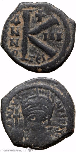 Byzantine Empire Justin Ii Ae Half Follis Coin Thessalonika Year 3 565 - 578 Ad