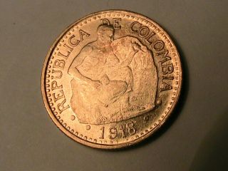 1918 Colombia 5 Peso Ch Au Lustrous South American Cinco Pesos 0.  916 Gold Coin